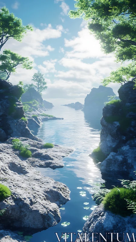 Coastal Canyon Estuary with Limestone Formations and Deciduous Canopy.