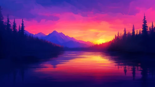 Vibrant alpine lake sunset with silhouetted conifer forest