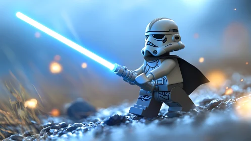 Lego stormtrooper minifigure holding glowing lightsaber stands
