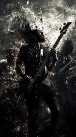 Guitarist silhouette in fragmented abstract concert scene.