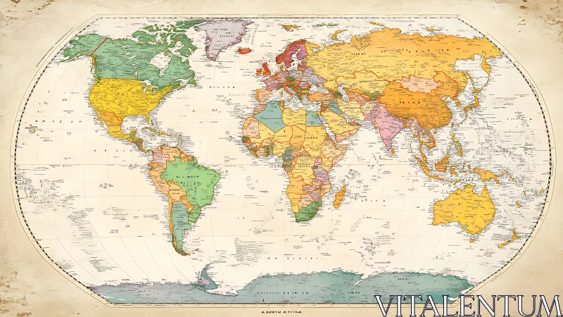 Vintage world map print highlights continents and borders.