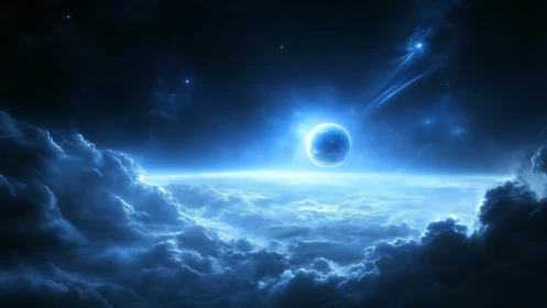 Glowing blue planet hovers above luminous cloud horizon