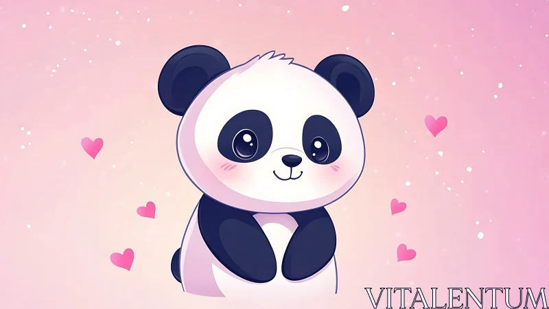 Baby panda cuddles hearts inside a pastel pink daydream