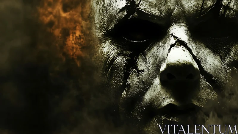 Textured horror mask close-up in high-contrast digital chiaroscuro.