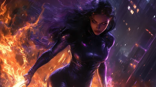 Dark-clad female figure amid flames in urban night scene.