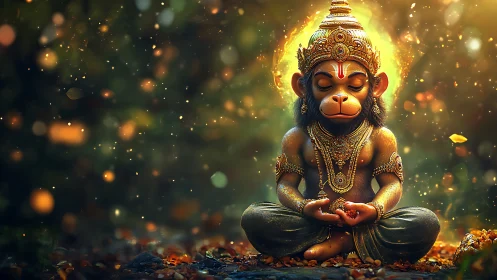 Meditating monkey deity in ornate gold regalia, bokeh aura