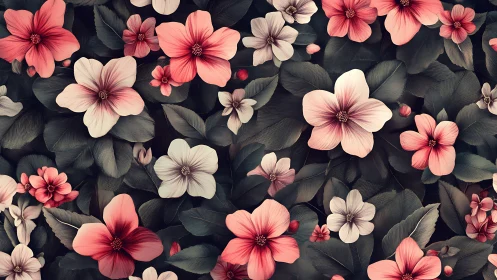 Layered Floral Composition with Coral Blooms and Dark Foliage Backdrop