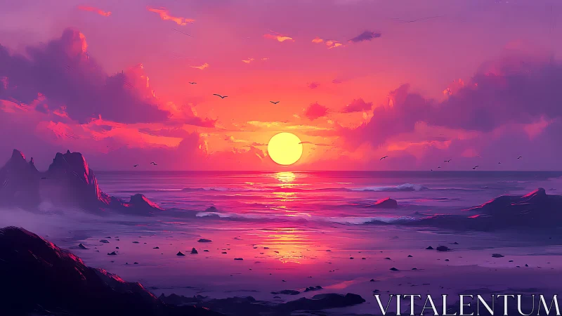 Radiant sun descending over violet-tinted ocean horizon.
