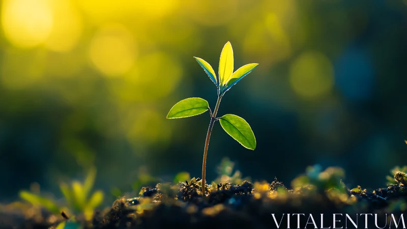 Young green seedling glows against warm sunrise bokeh light