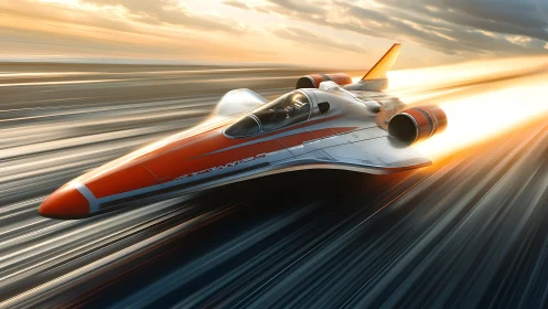 Futuristic orange jet racer cuts luminous speed corridor.