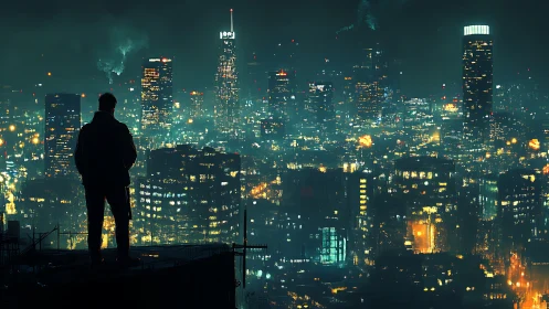 Lone rooftop watcher admires a glowing futuristic cityscape