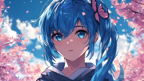 Blue haired anime girl under pink cherry blossoms sky.