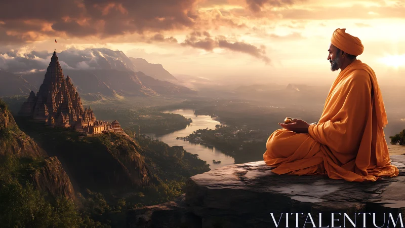 Meditative monk overlooking river valley and mountain temple.
