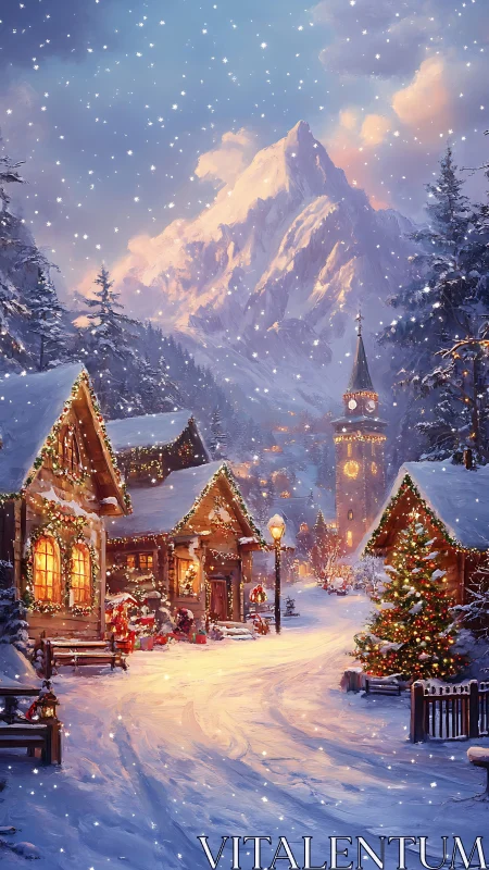 Snow-covered village street leads toward distant mountain peak