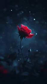 Luminescent Red Rose Against Midnight Blue Bokeh.