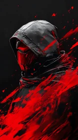 Hooded cyber warrior wrapped in wild red motion storm.