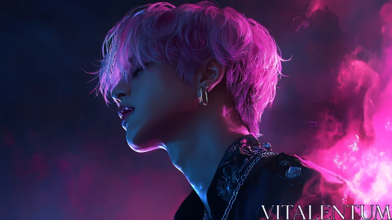 Neon-lit portrait frames pink-haired figure in vapor glow.