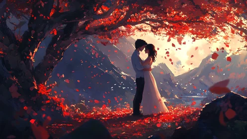 Romantic couple beneath luminous red foliage in digital landscape composition