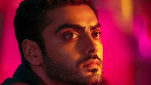 Moody male portrait under neon magenta and amber glow.