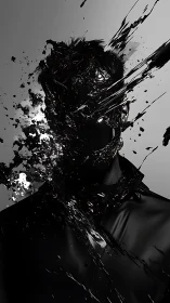 Digital portrait with splintered ink-splash facial deconstruction.