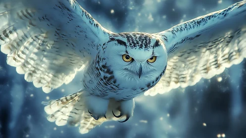 Majestic snowy owl in flight, digital fantasy art style.