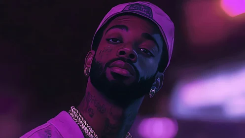 Neon-lit digital portrait of confident urban man at night.