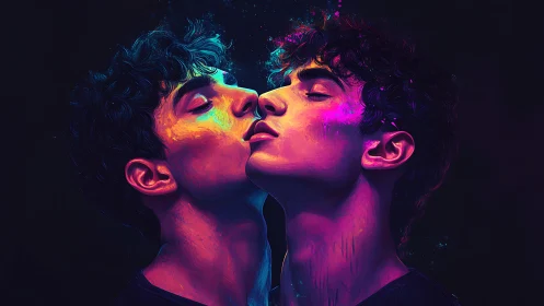 Neon twin reflections lean into a luminous inner embrace