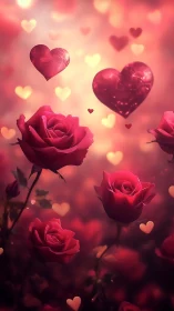 Romantic floral dreamscape with floating hearts and roses