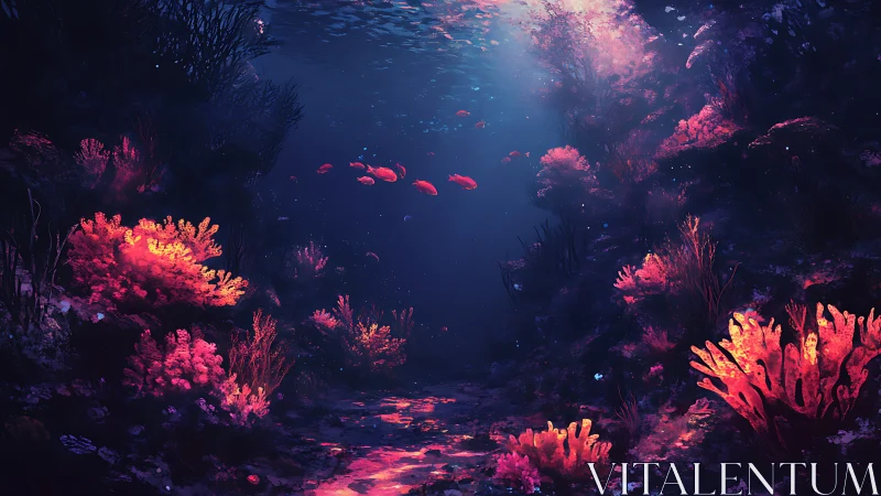 Digital underwater reef scene shows coral and small fish