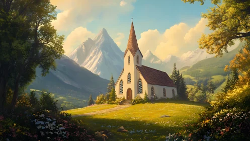 Sunlit alpine chapel amid sweeping mountain valley.