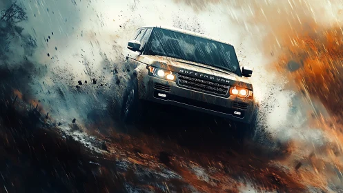 Off-road SUV drifting through heavy rain and high-velocity mud spray