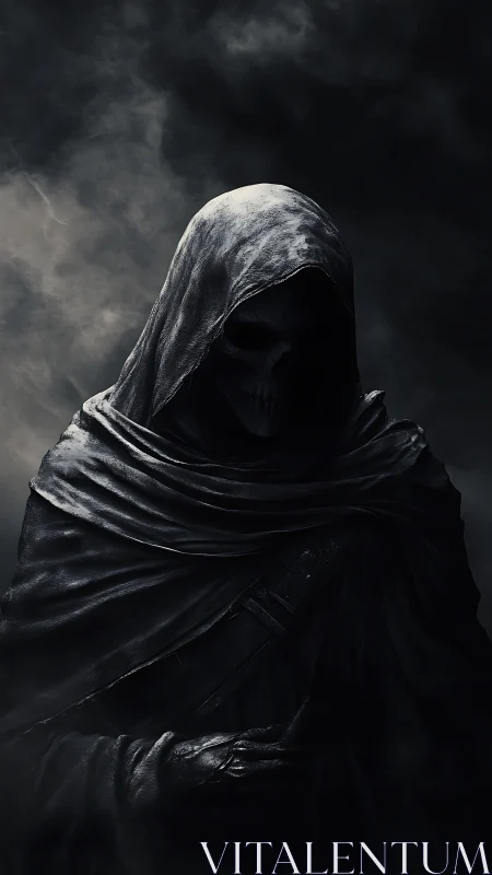 Hooded grim reaper emerges from shadowy misted darkness.