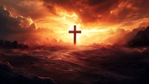 Radiant cross at sunset over a glowing rocky horizon.