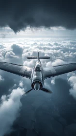 Vintage fighter plane cutting through dramatic storm clouds.