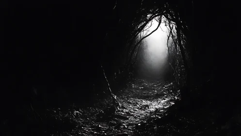 Backlit forest tunnel isolates a luminous exit corridor