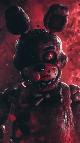 Rust-scorched animatronic bunny stalks through crimson smoke.