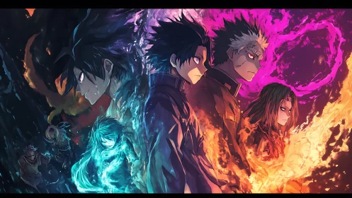 Group of anime figures with contrasting elemental energy fields.