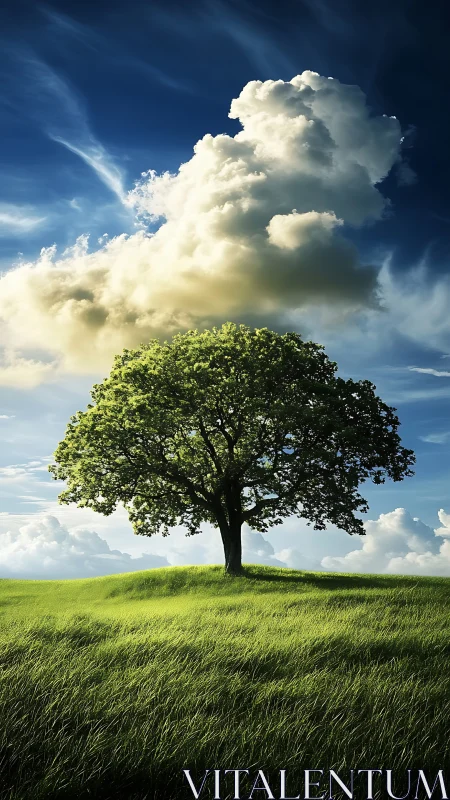 Solitary deciduous tree under cumulus cloud on windswept hill
