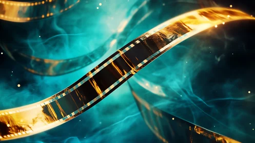 Cinematic film strip ribbons in luminous teal atmosphere.