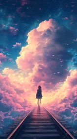Girl on glowing railway walks toward a dreamy cloud horizon