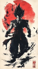 Fierce anime warrior embracing power before red moon.