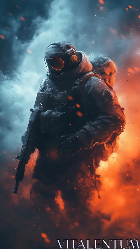 Armored soldier strides through blue and orange battle smoke.