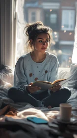Cozy morning reader in soft window light on bed scene.