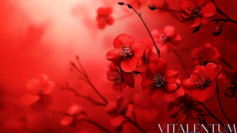 Red botanical petals rendered with depth of field and monochromatic color saturation