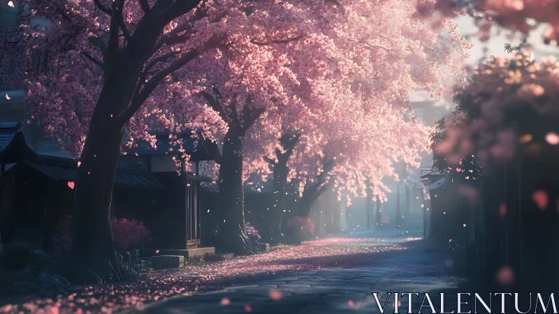 Cherry blossom street under soft dawn light in spring.