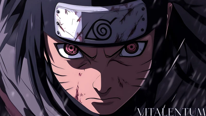 Battleworn shinobi close-up under falling rain at night