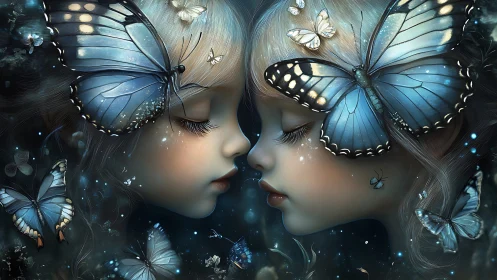 Twin childlike faces with blue butterflies touching gently