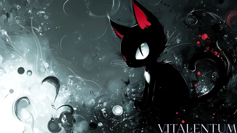 Black cartoon cat in abstract monochrome and red setting.