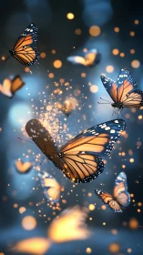 Monarch butterflies in blue bokeh light with glowing dust.