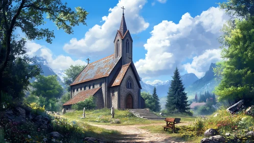 Digital painting of alpine chapel in luminous valley landscape.